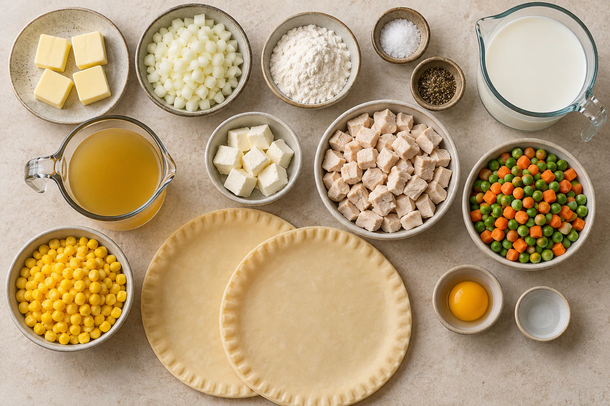 Butter, onion, flour, seasonings, milk, broth, cream cheese, chicken, vegetables, two pie crusts, egg yolk, and water