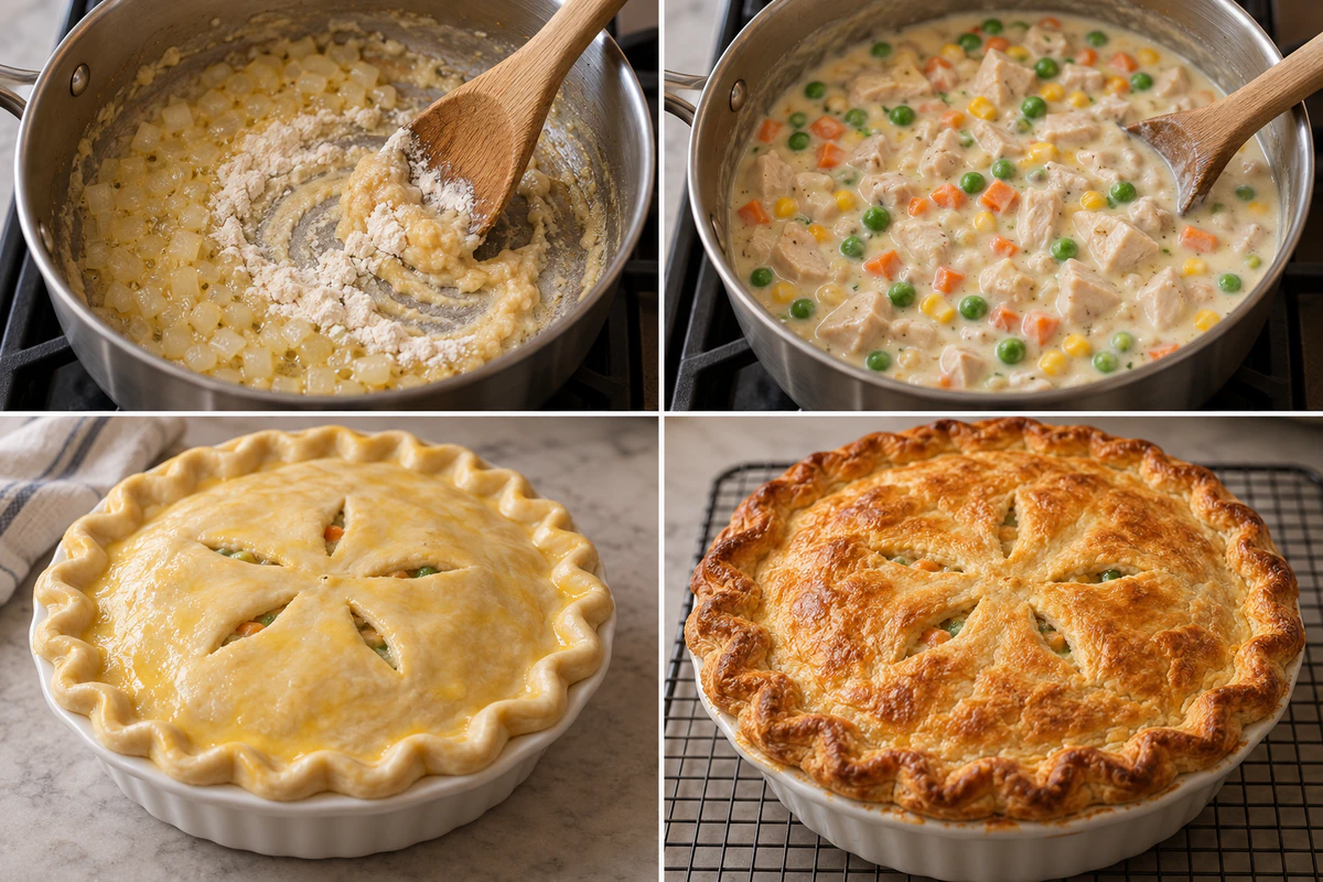 Four stages showing onion roux, creamy chicken filling, egg-washed assembled pie, and one golden baked pot pie