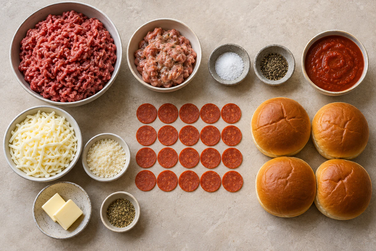 Ground beef, Italian sausage, seasonings, pepperoni, pizza sauce, cheeses, four buns, butter, and garlic herbs