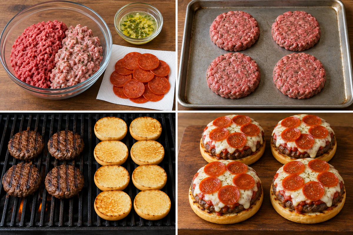 Four stages showing meat mixture, four patties, grilling with eight bun halves, and four pepperoni pizza burgers