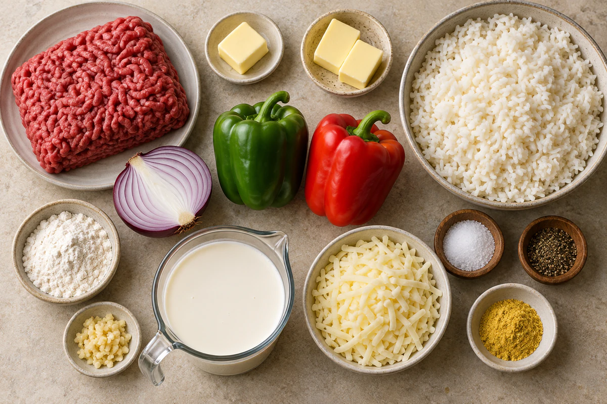 Ground beef, butter, half red onion, red and green peppers, white rice, flour, garlic, half-and-half, cheddar, and seasonings