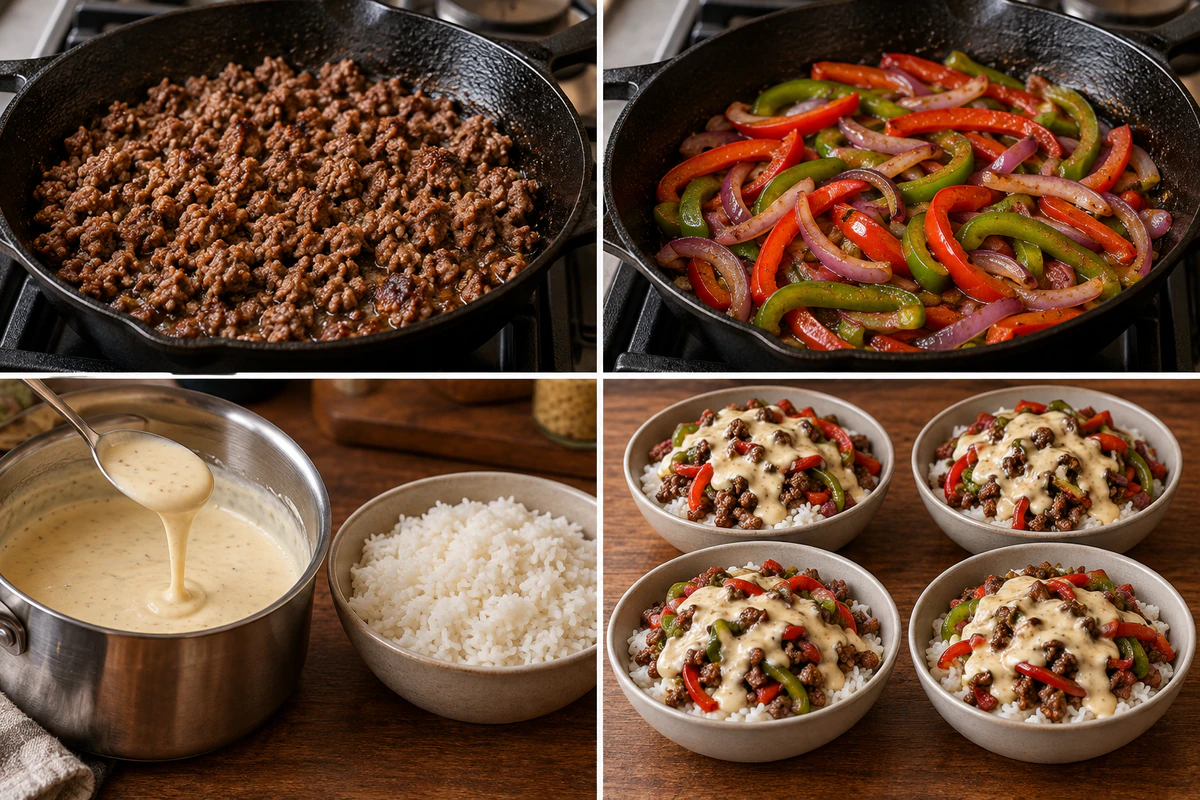 Four stages showing browned ground beef, sautéed peppers and onion, cheddar sauce with rice, and four finished bowls