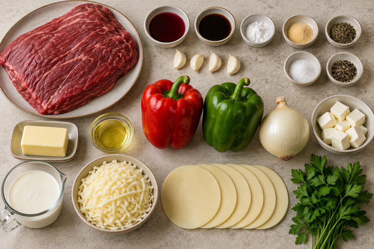 Flank steak, marinade ingredients, red and green peppers, onion, cream cheese, cream, Monterey Jack, six provolone slices, and parsley