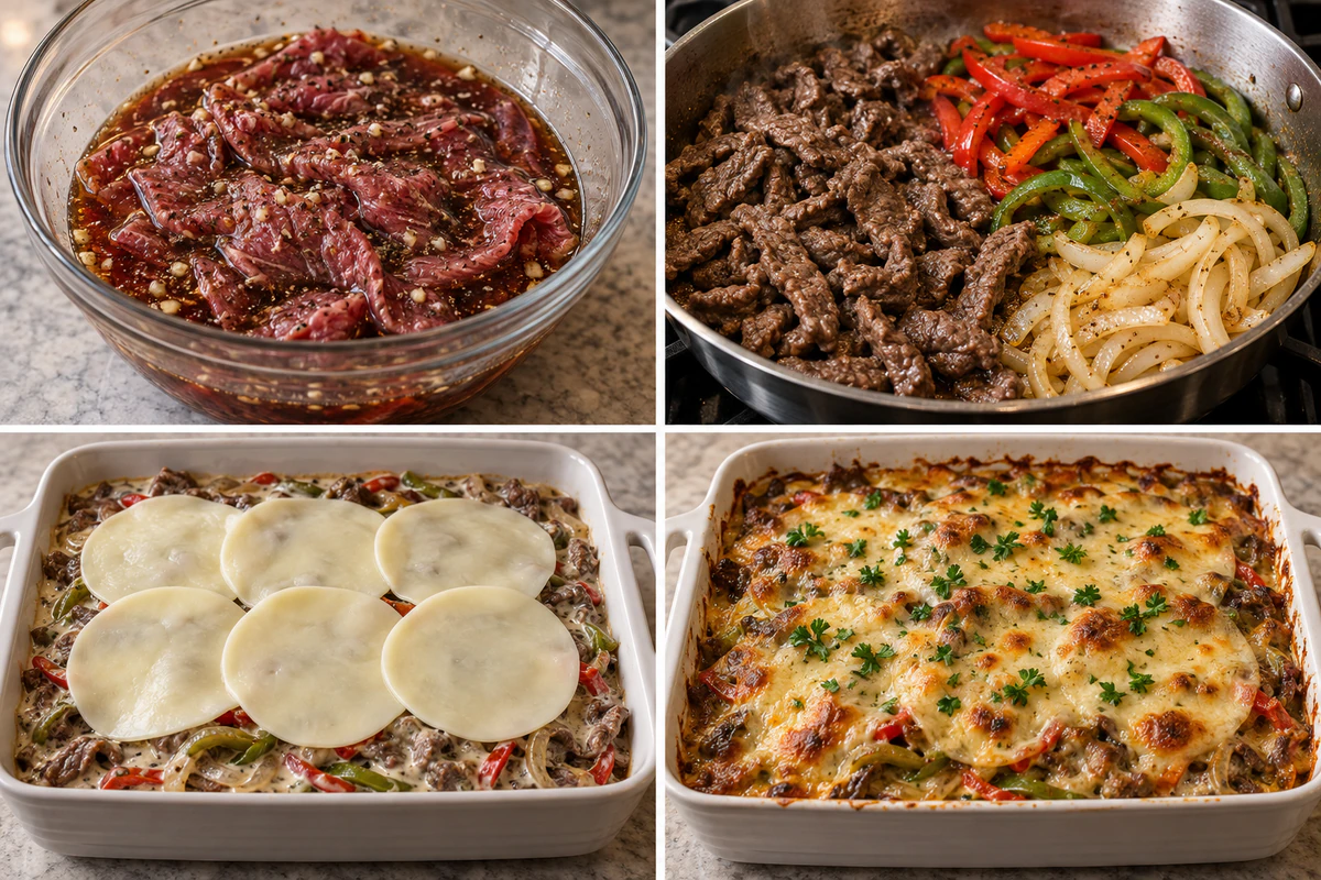 Four stages showing marinated steak, browned steak and vegetables, six provolone slices, and golden cheesesteak casserole