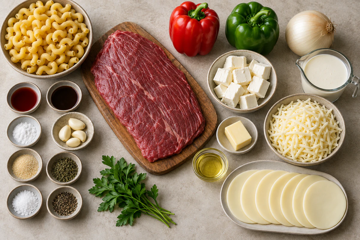 Cavatappi, flank steak, marinade ingredients, peppers, onion, cream cheese, cream, Monterey Jack, and six provolone slices