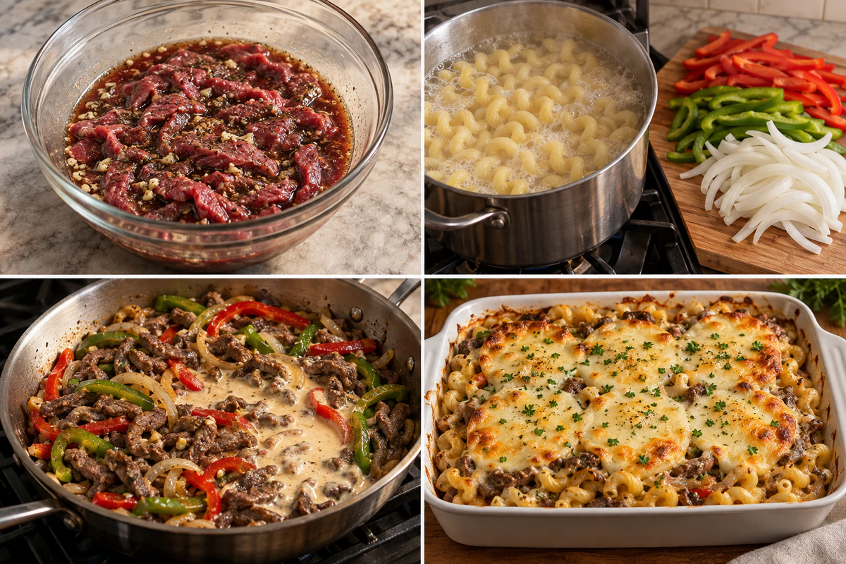 Four stages showing marinated steak, cavatappi and vegetables, creamy steak skillet, and baked Philly cheesesteak pasta
