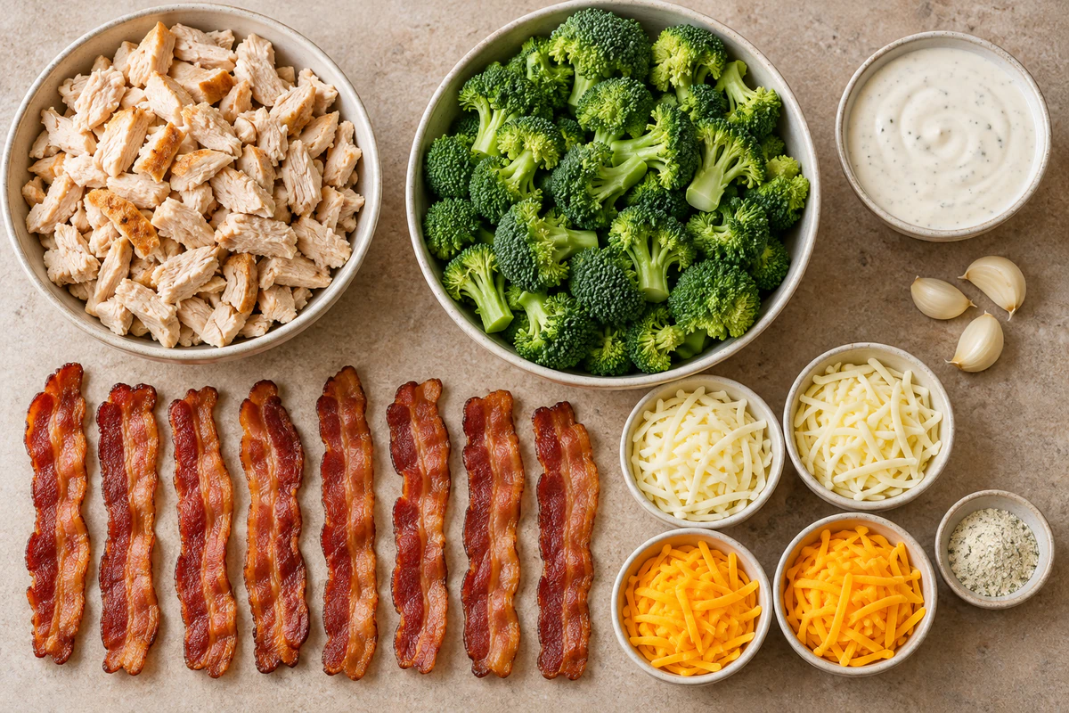 Cooked chicken, eight bacon strips, garlic, ranch, divided mozzarella and cheddar, broccoli, and ranch seasoning