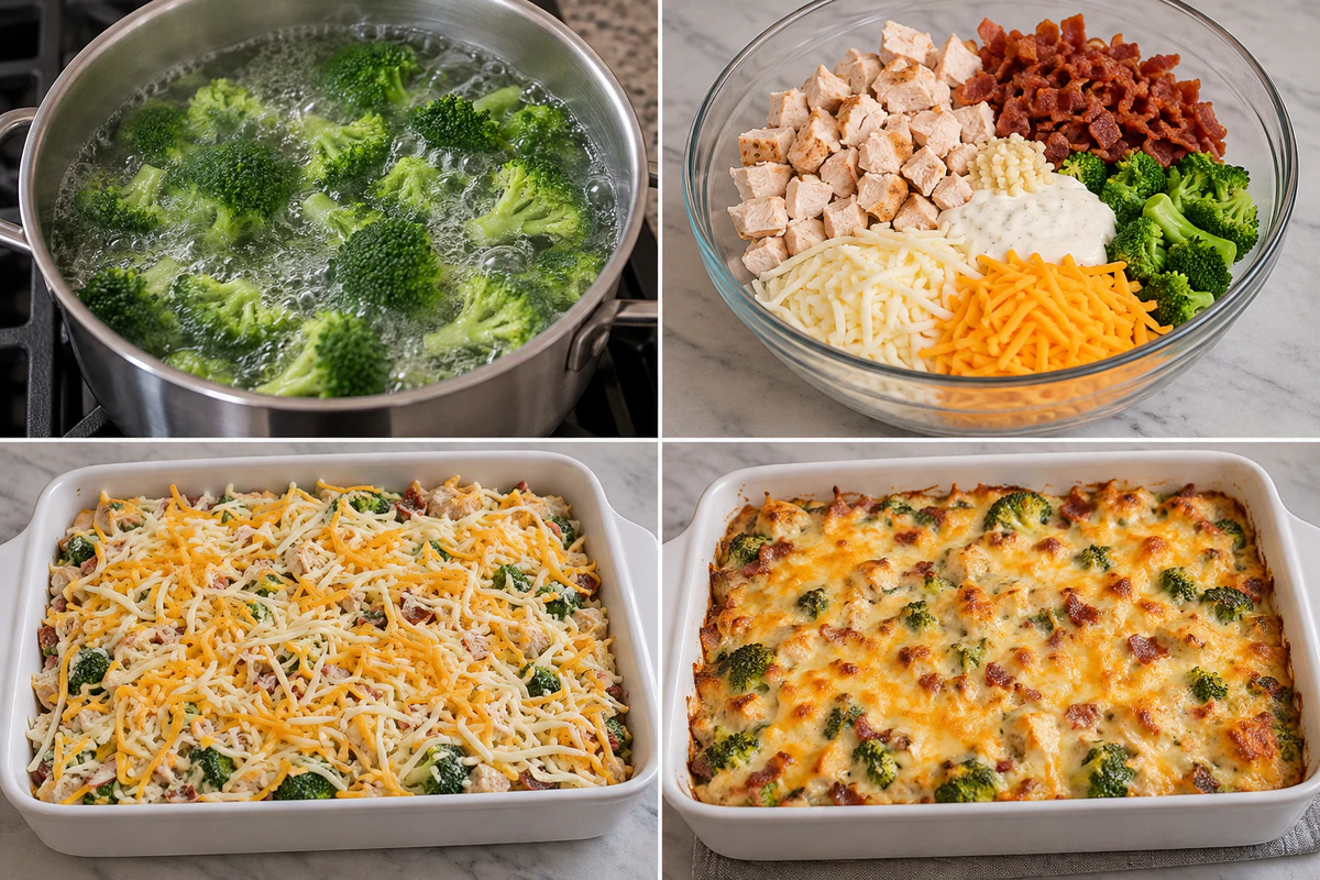 Four stages showing blanched broccoli, chicken bacon ranch mixture, cheese-topped dish, and baked casserole