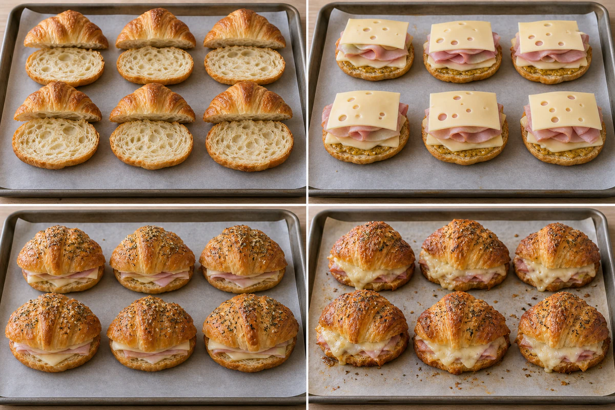 Four stages showing six split croissants, six ham and double-Swiss fillings, buttered tops, and six baked sandwiches