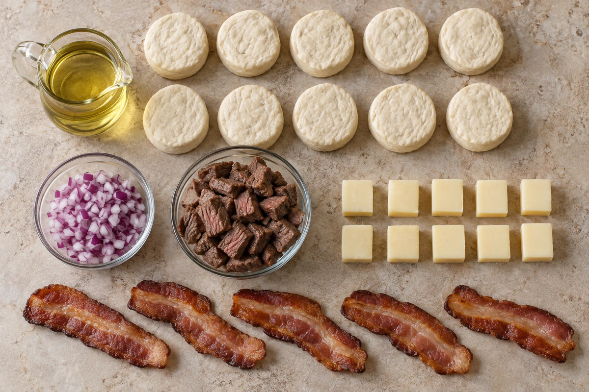 Vegetable oil, ten biscuit rounds, red onion, cooked steak, ten white cheddar chunks, and five bacon strips