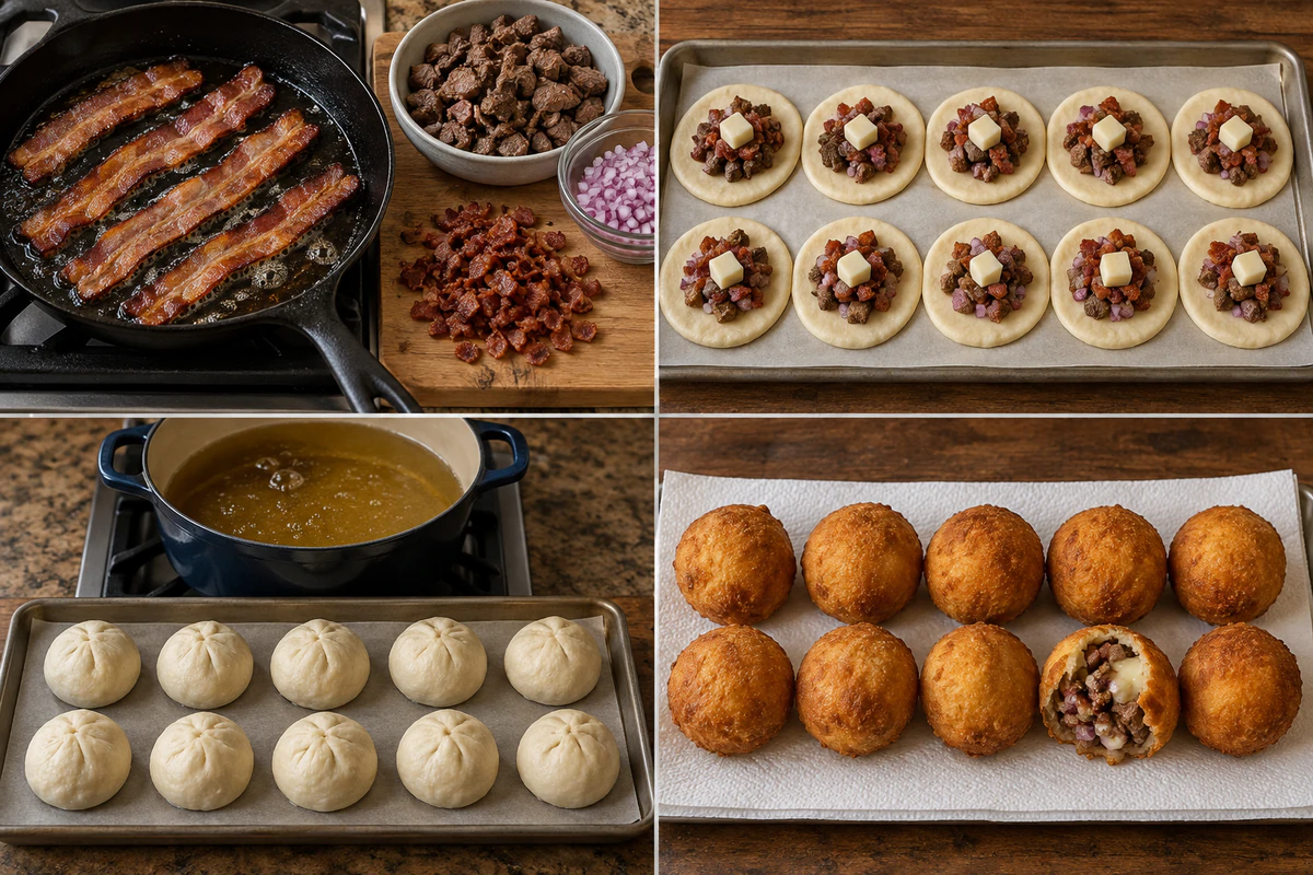 Four stages showing five bacon strips and steak filling, ten filled dough rounds, ten sealed bombs, and ten fried bombs