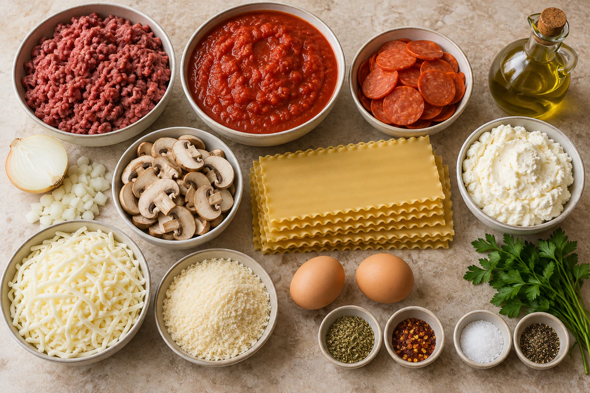 Ground beef, marinara, pepperoni, onion, mushrooms, lasagna noodles, ricotta, mozzarella, Parmesan, eggs, and seasonings