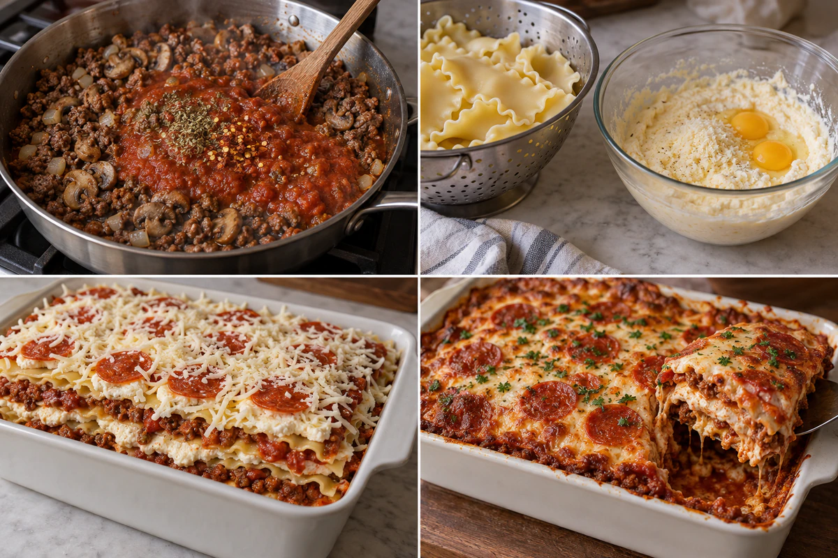Four stages showing meat sauce, noodles and two-egg ricotta mixture, layered pepperoni pizzagna, and baked casserole