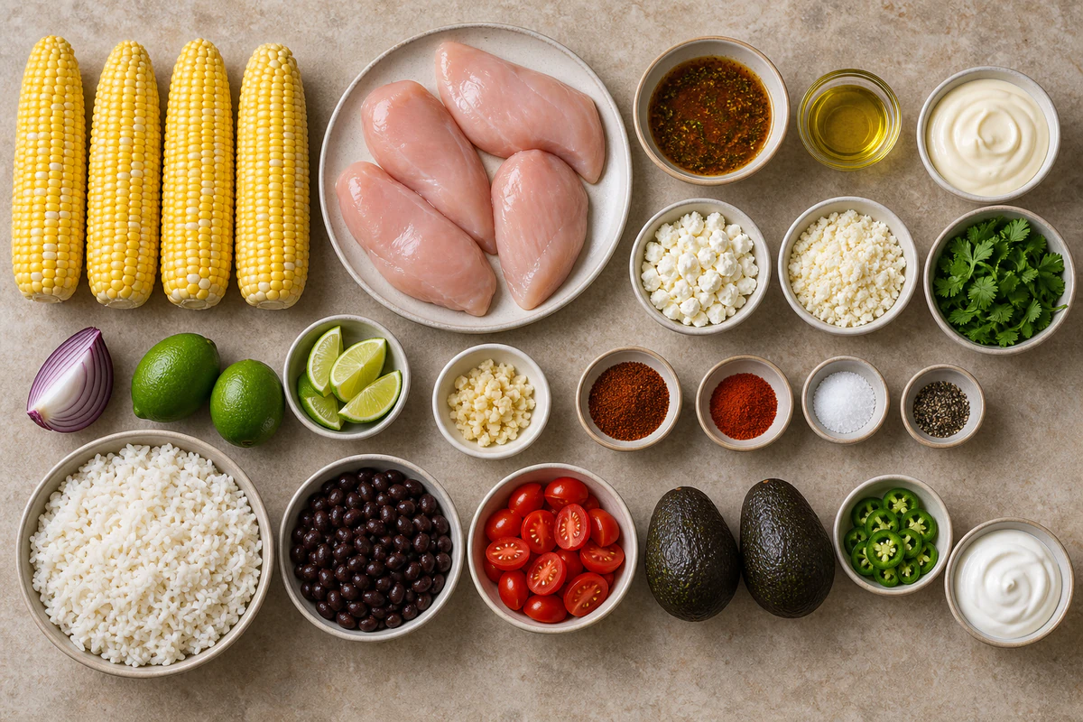 Four chicken breasts, four corn ears, street corn dressing, rice, beans, tomatoes, avocados, jalapeno, lime, cilantro, and sour cream