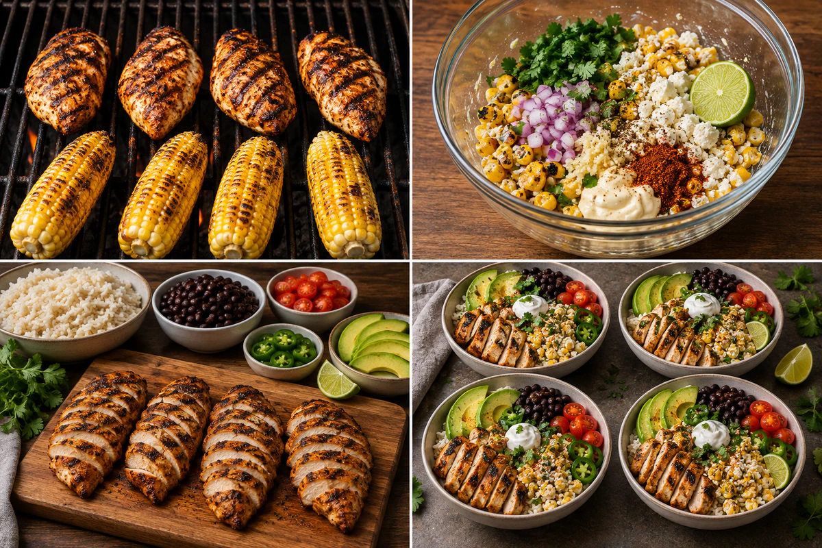 Four stages showing four chicken breasts and corn grilling, street corn salad, sliced chicken and toppings, and four finished bowls
