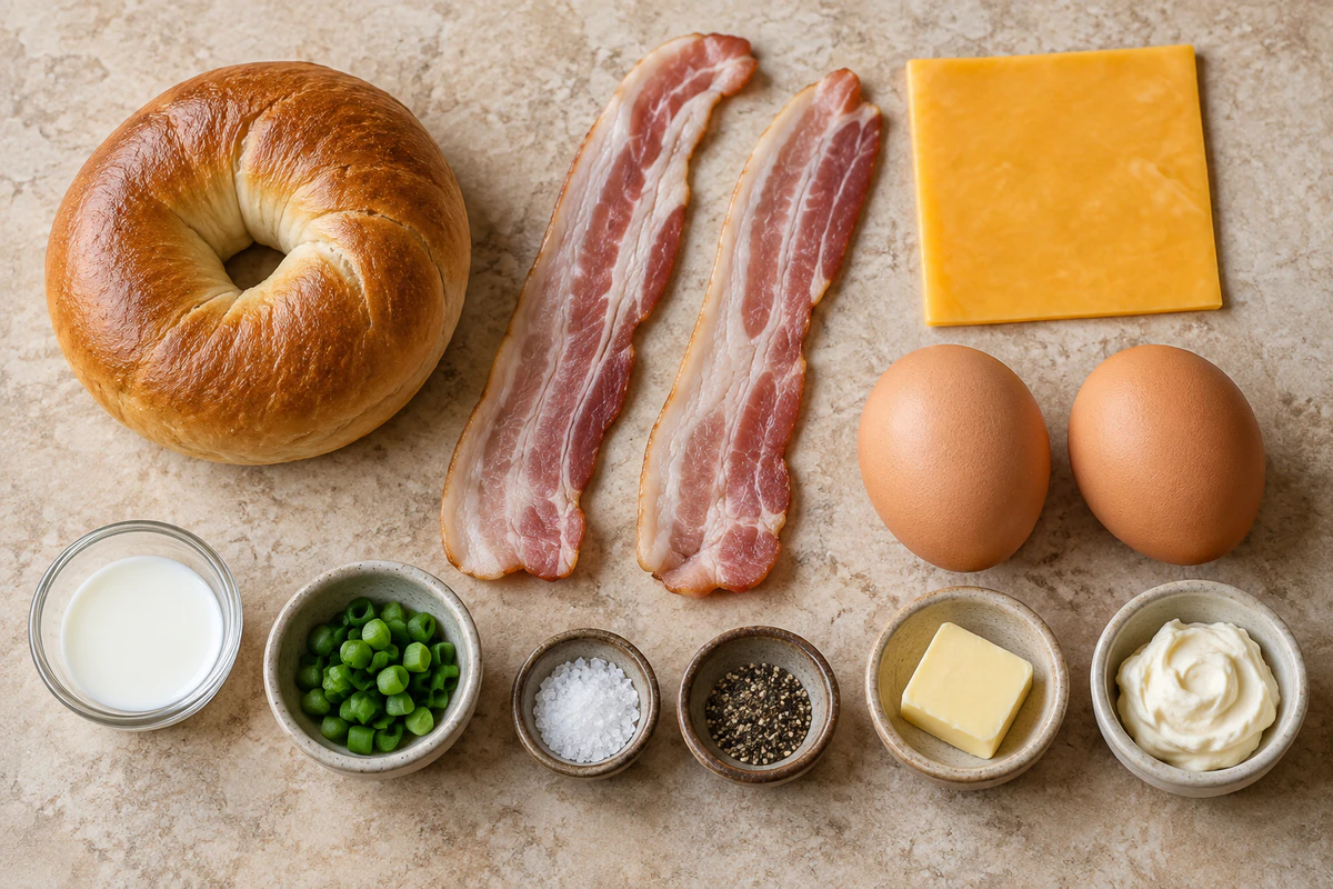 One bagel, two bacon slices, one cheese slice, two eggs, milk, green onion, salt, pepper, and butter
