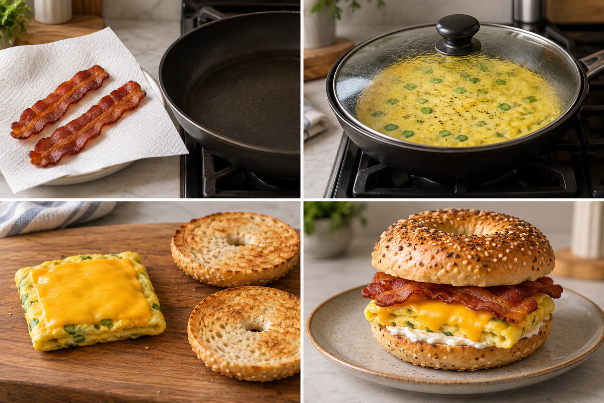 Four stages showing two bacon slices, one folded egg sheet with cheese, a toasted bagel, and one finished sandwich