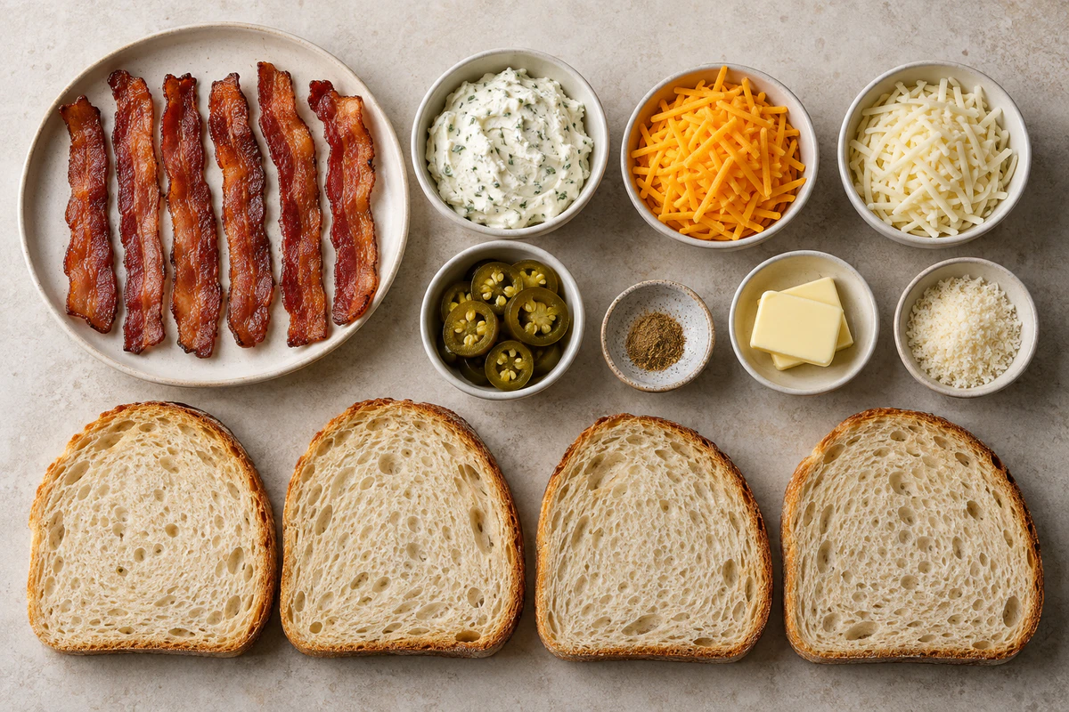 Six bacon strips, four sourdough slices, garlic-herb cream cheese, cheddar, Monterey Jack, pickled jalapenos, cumin, butter, and Parmesan
