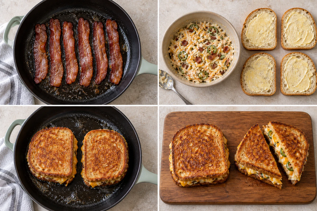Four stages showing six bacon strips, jalapeno cheese filling with four bread slices, two sandwiches cooking, and two finished sandwiches