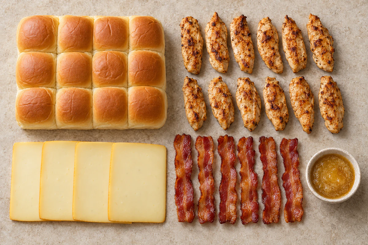 Twelve Hawaiian rolls, twelve cooked chicken strips, four Gouda slices, six bacon slices, and maple butter