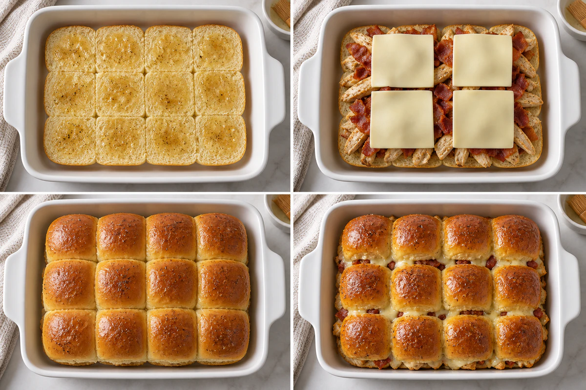 Four overhead stages showing a twelve-roll slab, chicken and bacon filling, Gouda and top slab, and twelve baked sliders