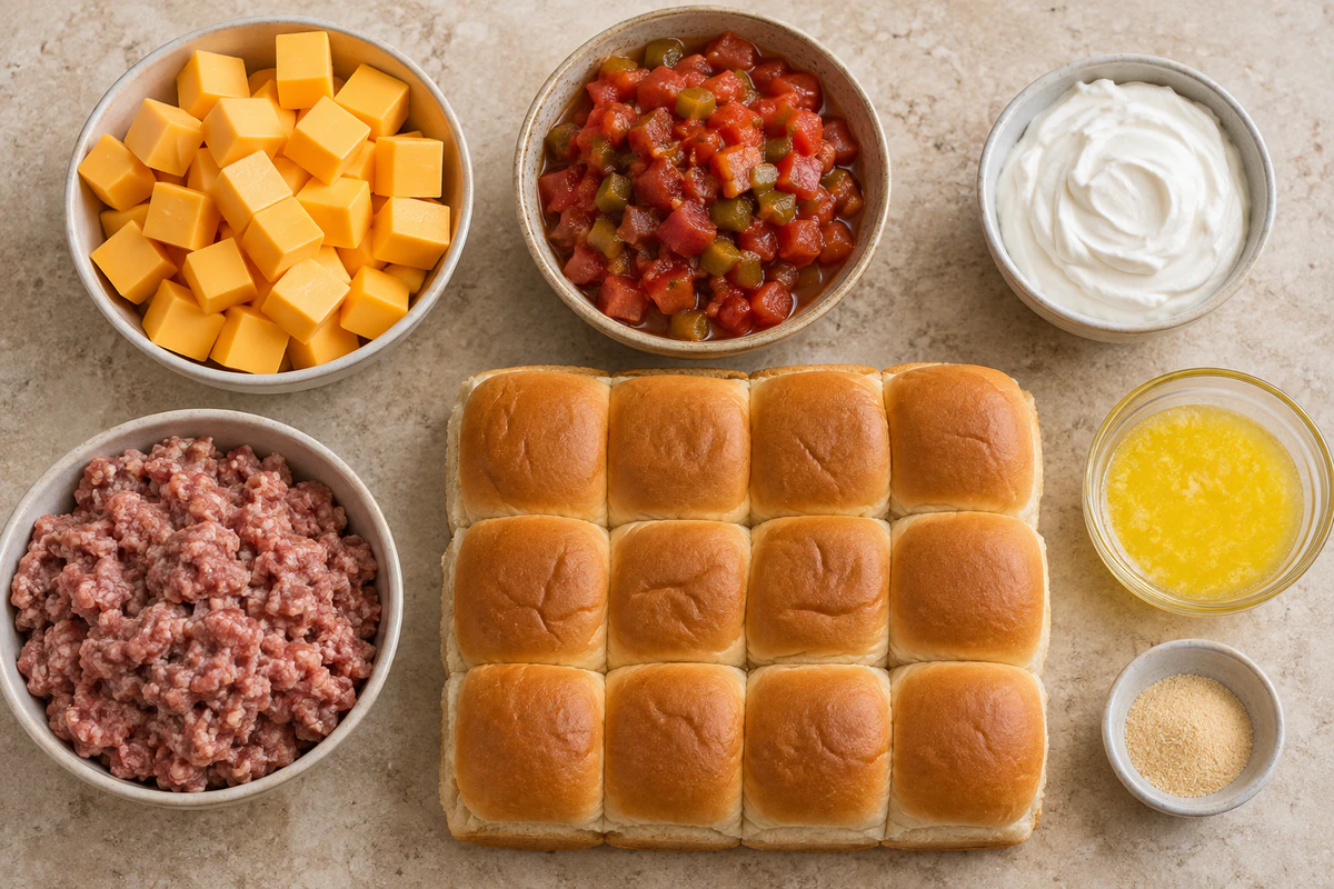 Velveeta cubes, diced tomatoes and green chilies, sour cream, breakfast sausage, twelve slider buns, butter, and garlic powder