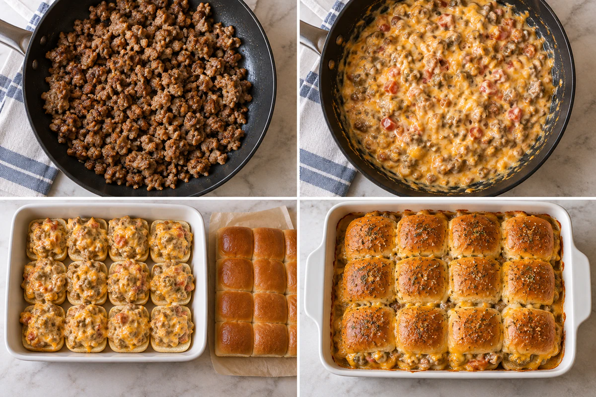 Four stages showing browned sausage, creamy Velveeta tomato filling, twelve loaded bun bottoms, and twelve baked sliders