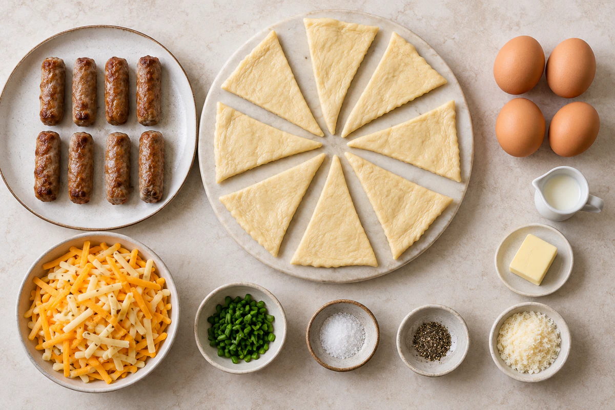 Eight sausage links, eight crescent dough triangles, four eggs, milk, butter, chives, mixed cheese, salt, pepper, and Parmesan