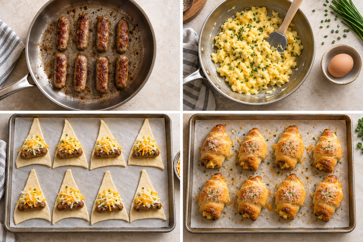 Four stages showing eight cooked sausages, three scrambled eggs and one reserved egg, eight filled dough triangles, and eight baked roll-ups