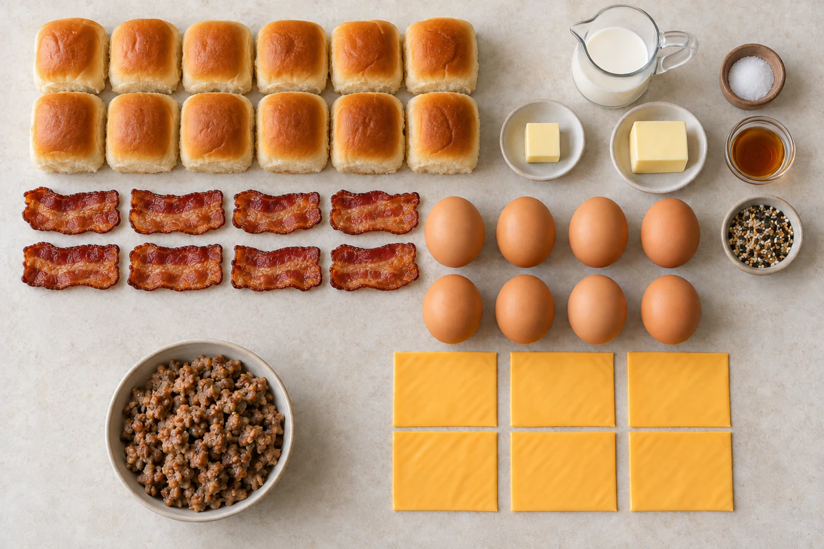 Twelve rolls, eight bacon slices, sausage, eight eggs, cream, six American cheese slices, divided butter, maple syrup, salt, and seasoning