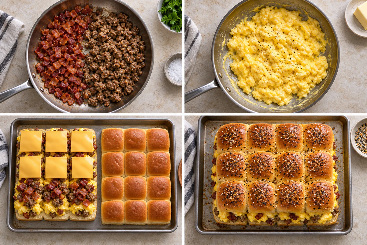 Four stages showing crisp diced bacon and sausage, scrambled eggs, a twelve-roll slab layered with six cheese slices, and twelve baked sliders