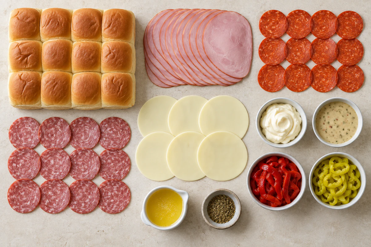 Twelve rolls, ham, pepperoni, salami, provolone, mayonnaise, Italian dressing, peppers, pepperoncini, butter, and seasoning