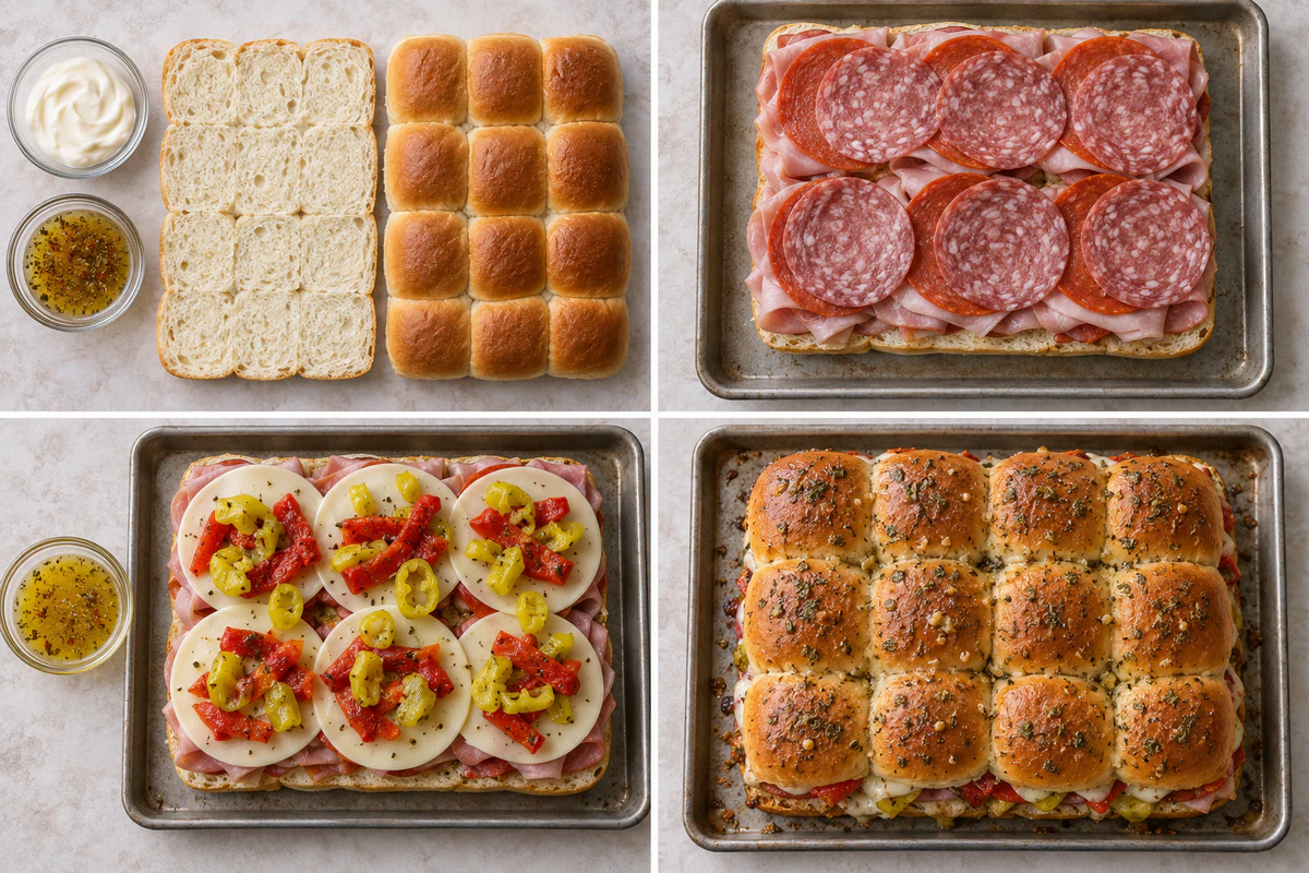 Four stages showing a twelve-roll slab, three Italian meats, provolone and peppers, and twelve baked sliders