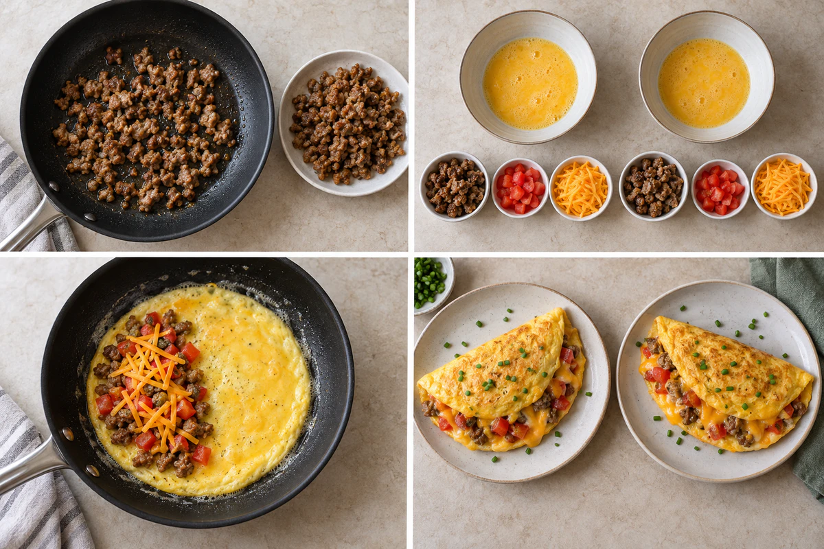 Four stages showing browned sausage, two bowls of two eggs and divided fillings, one omelet cooking, and two finished omelets
