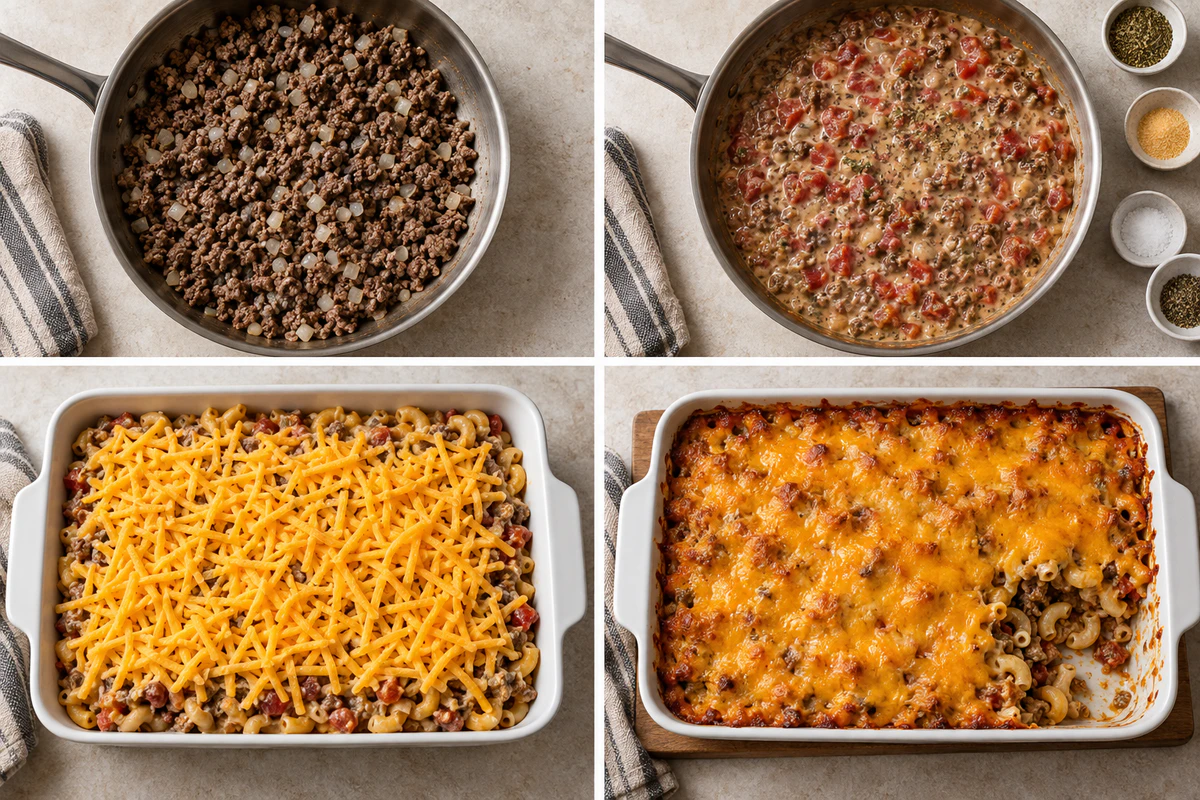 Four stages showing beef and onion browning, creamy tomato sauce, pasta and cheddar in a baking dish, and finished bubbly casserole