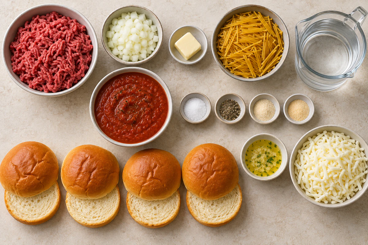 Ground beef, onion, butter, broken spaghetti, water, sweet basil marinara, seasonings, buns, garlic butter, and mozzarella