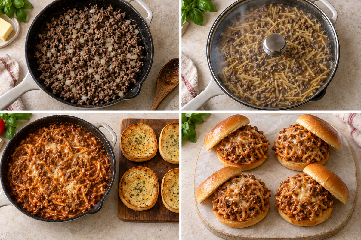 Four stages showing beef and onion cooking, broken spaghetti simmering, marinara and mozzarella added, and cheesy filling served on toasted buns