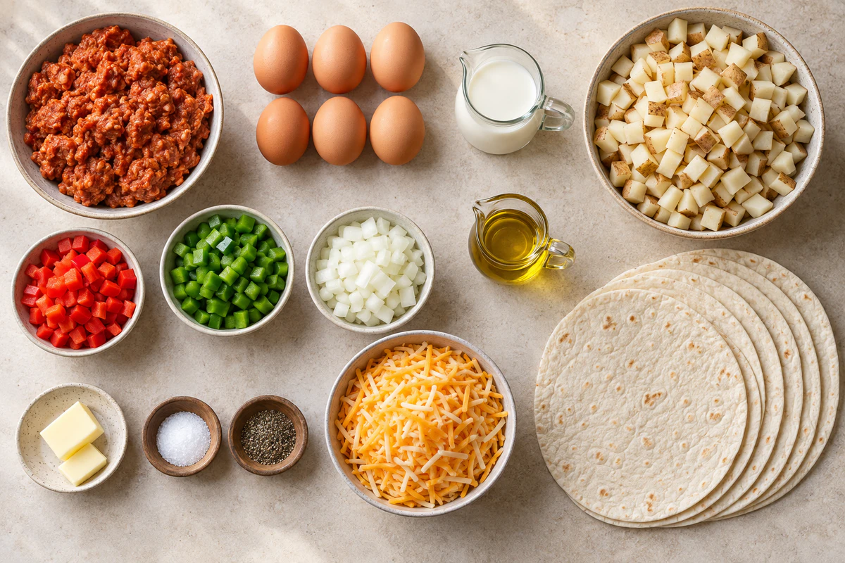 Chorizo, six eggs, milk, diced potatoes, red and green peppers, onion, oil, butter, seasonings, Colby Jack, and six tortillas