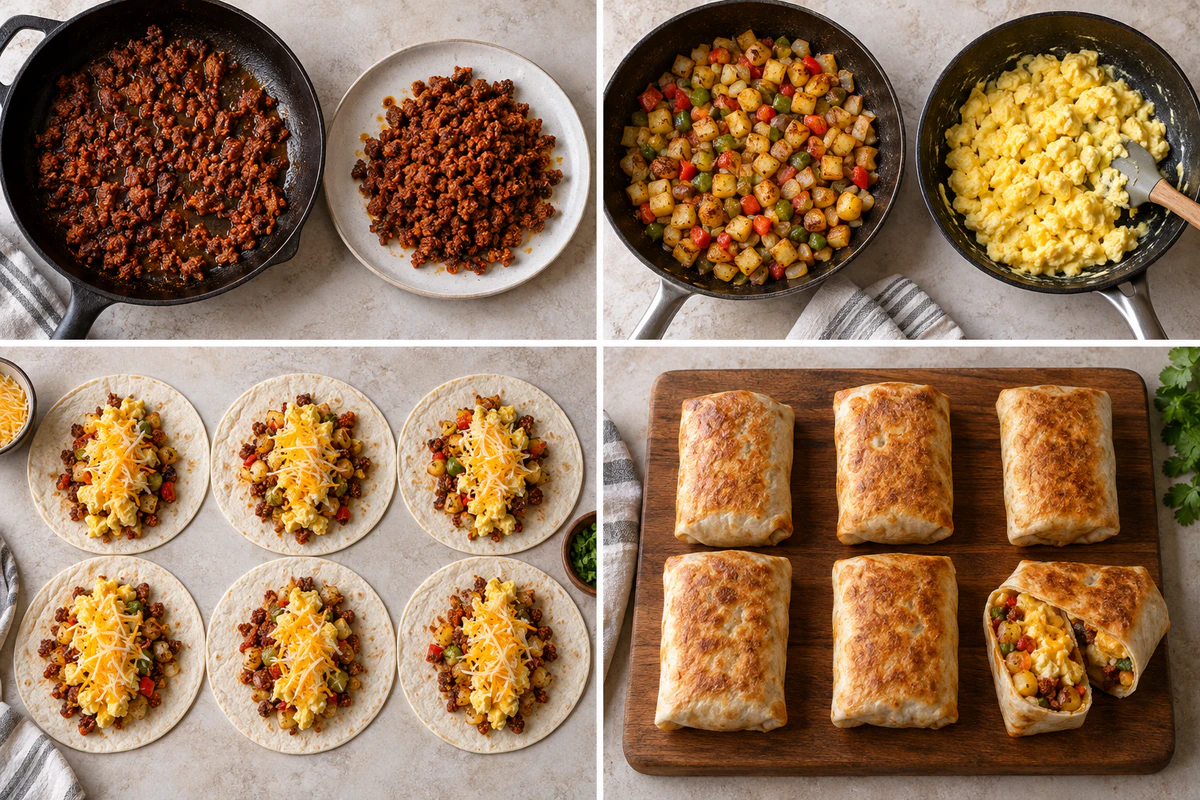 Four stages showing browned chorizo, potato pepper hash and eggs, six filled tortillas, and six crisp burritos