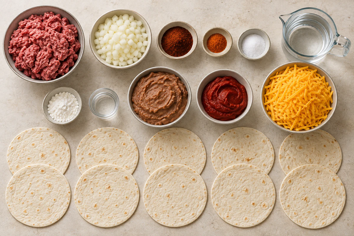 Ground beef, onion, spices, water, cornstarch, refried beans, tomato paste, cheddar, and ten tortillas