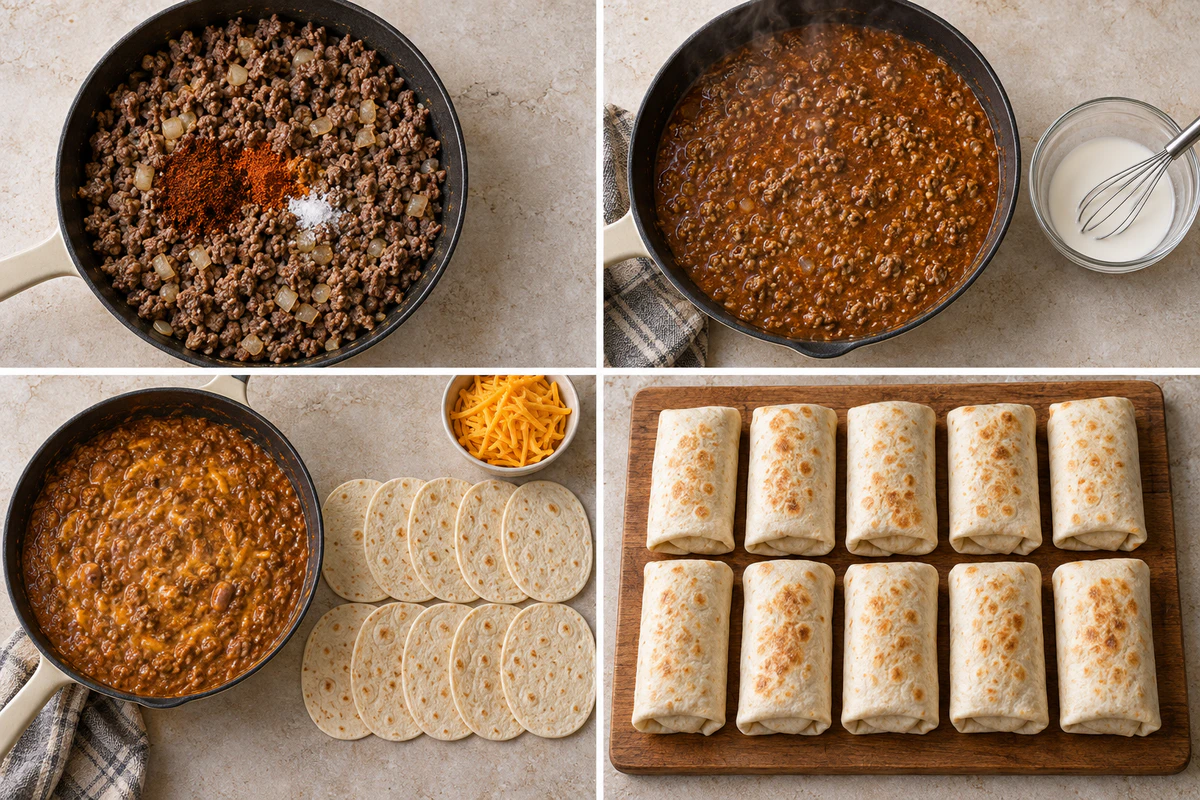 Four stages showing browned beef, simmering seasoned sauce and slurry, bean and cheese filling with ten tortillas, and ten rolled burritos