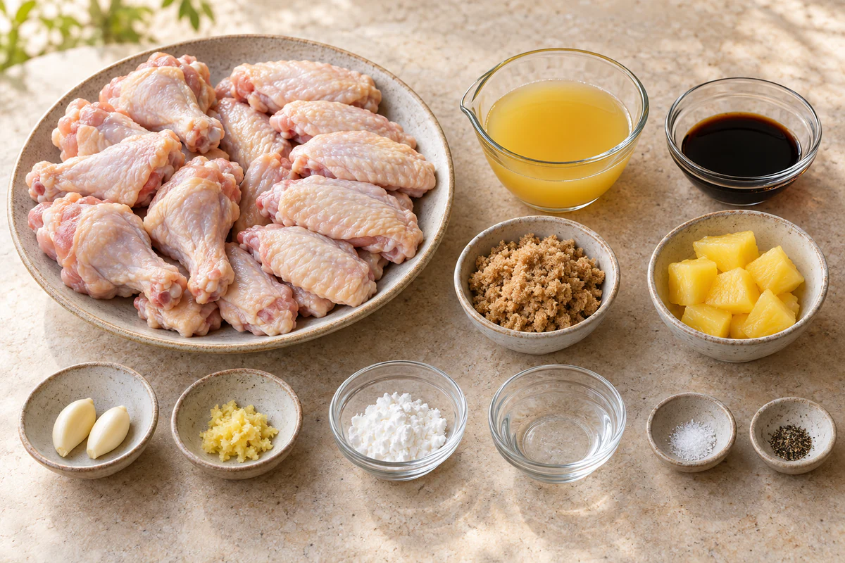 Chicken wings, pineapple juice, soy sauce, brown sugar, two garlic cloves, ginger, pineapple chunks, cornstarch, water, salt, and pepper