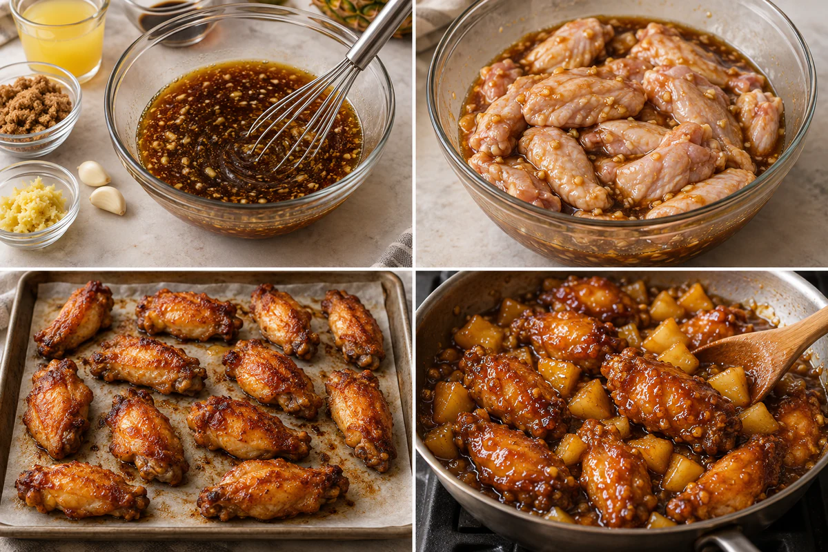 Four stages showing pineapple soy marinade, wings marinating, wings baked golden on parchment, and wings coated in pineapple glaze