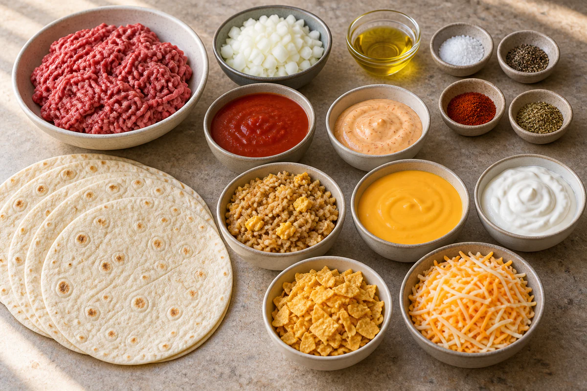 Ground beef, olive oil, onion, seasonings, tomato sauce, four tortillas, spicy mayo, fried rice, nacho cheese, sour cream, tortilla chips, and Mexican cheese
