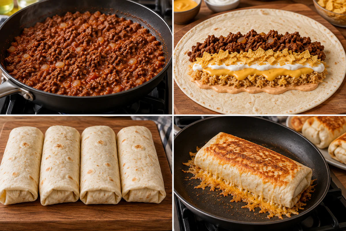 Four stages showing seasoned beef cooking, a tortilla layered with all fillings, four tightly rolled burritos, and a burrito grilling on shredded cheese