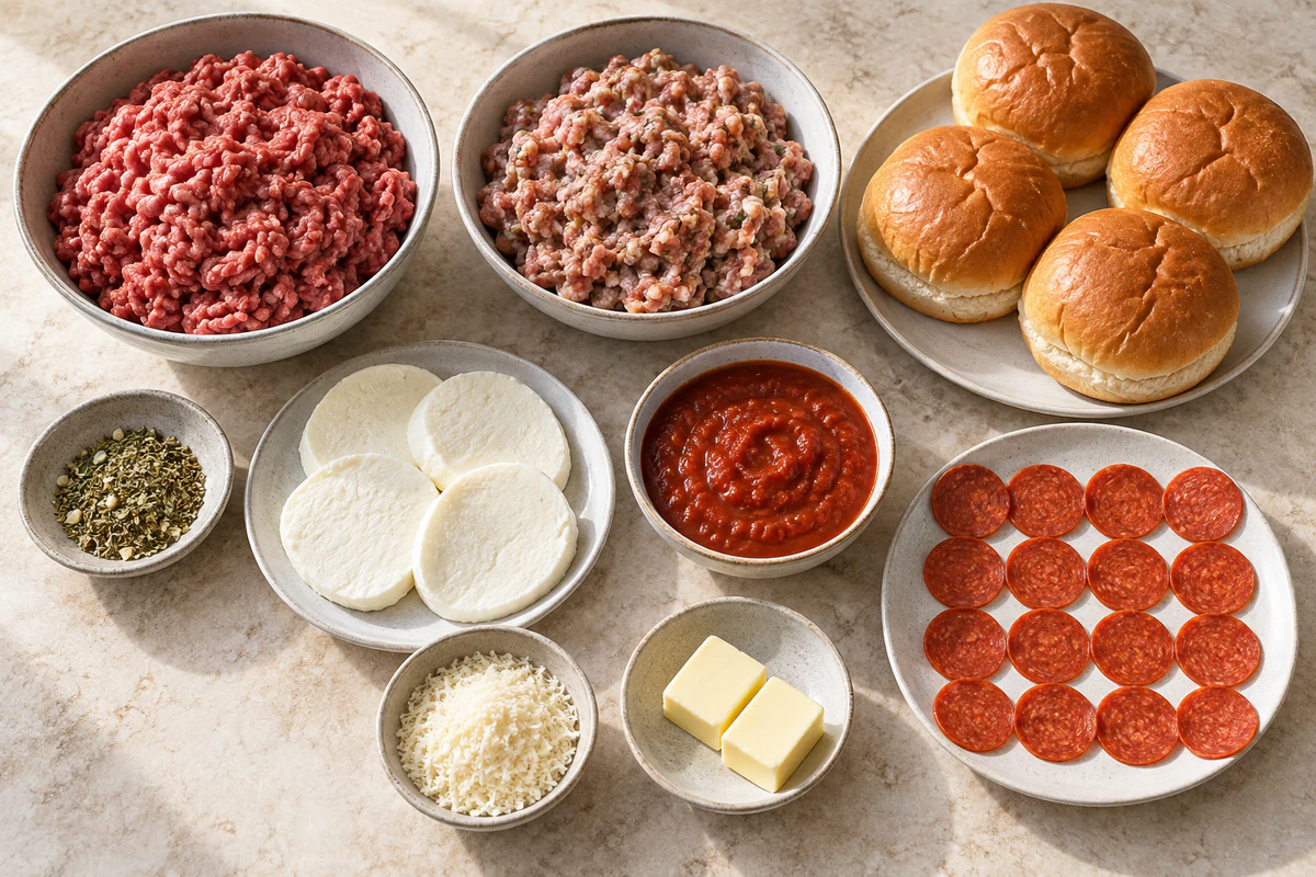 Ground beef, Italian sausage, pizza seasoning, four mozzarella slices, marinara, pepperoni, Parmesan, four buns, and butter