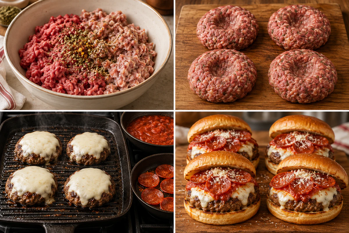 Four stages showing beef and sausage mixed with seasoning, four thumbprinted patties, four mozzarella-topped patties grilling, and four assembled pizza burgers