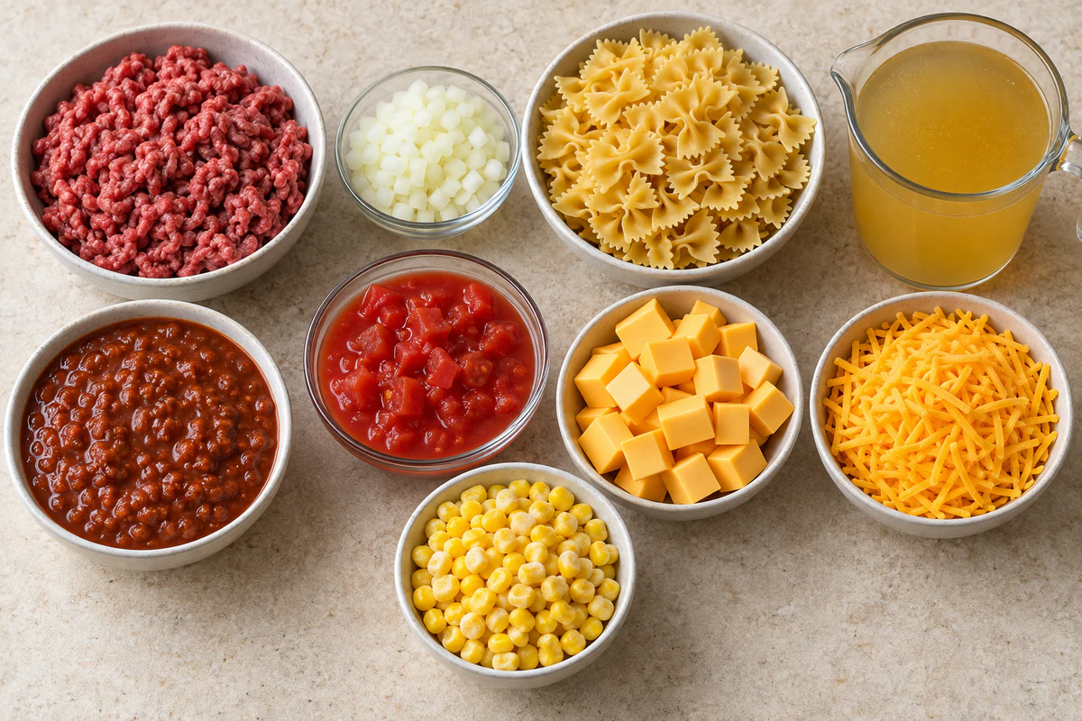 Ground beef, onion, farfalle, sloppy joe sauce, chicken broth, diced tomatoes, Velveeta, cheddar, and frozen corn