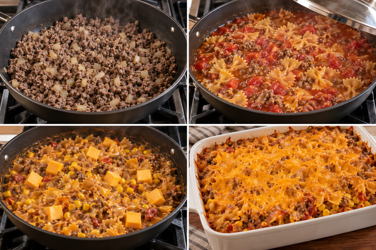 Four stages showing beef and onion browning, farfalle simmering in sloppy joe sauce, corn and Velveeta added, and casserole baked with cheddar