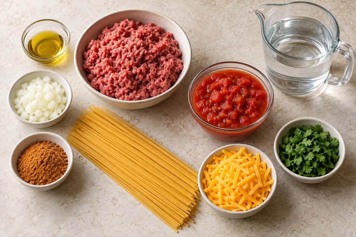 Olive oil, ground beef, diced onion, taco seasoning, spaghetti, Rotel tomatoes, water, sharp cheddar, and cilantro